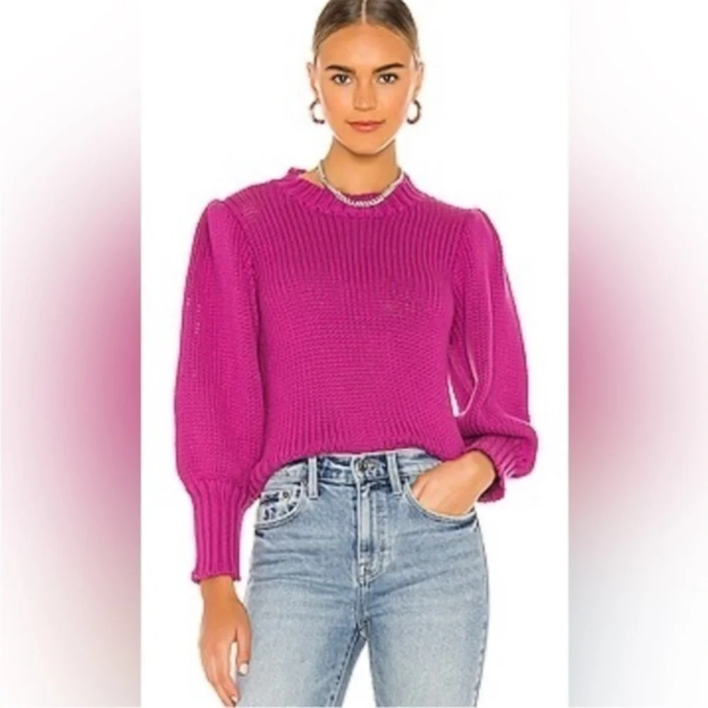 J Crew Sweater 100% Cashmere Puff-Sleeve Crewneck in Fuchsia Magenta